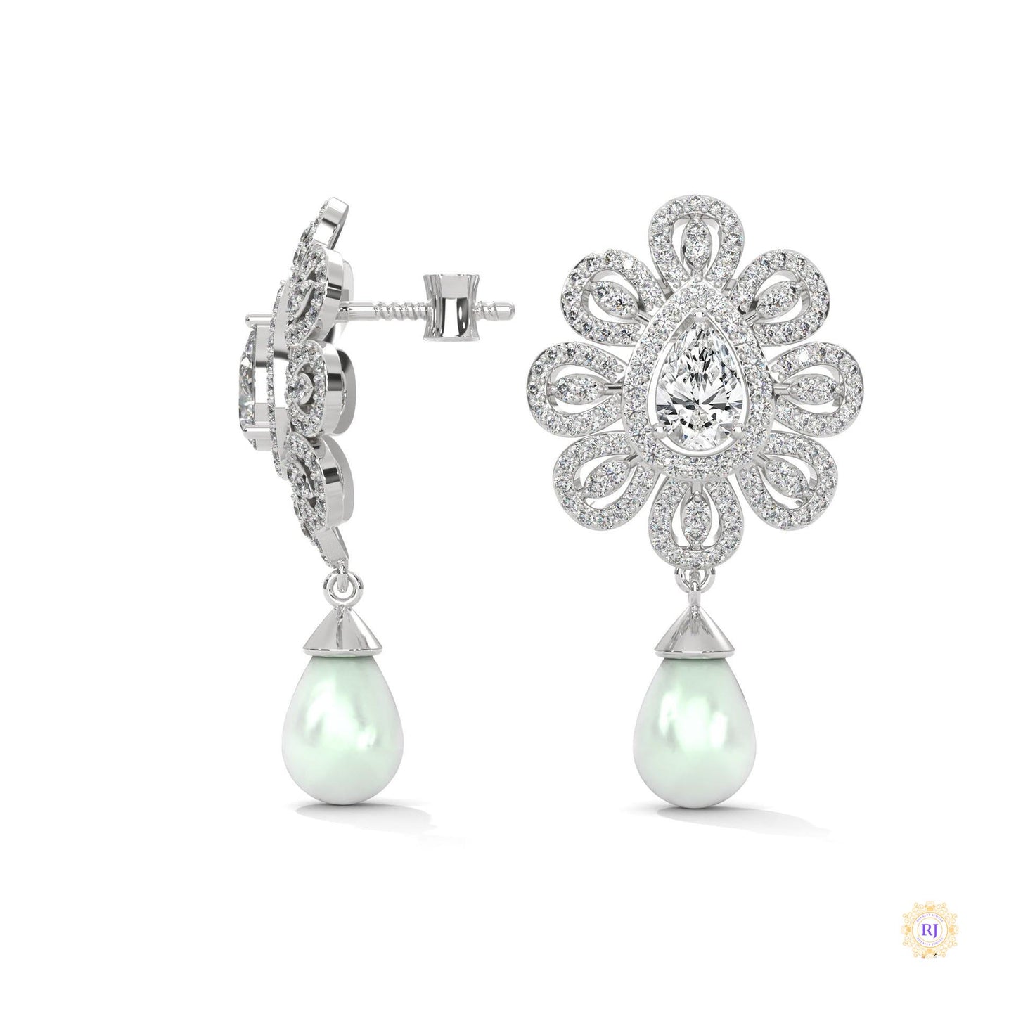 1.70 CT. Diamond & Pearl Teardrop Earrings