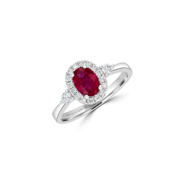 14K white gold ring with oval ruby center, diamond halo, and side diamonds

