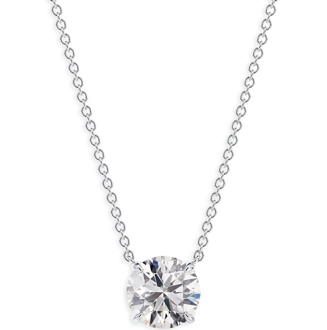 14K gold solitaire diamond pendant necklace with a lab-grown diamond in a classic prong setting on a delicate chain.

