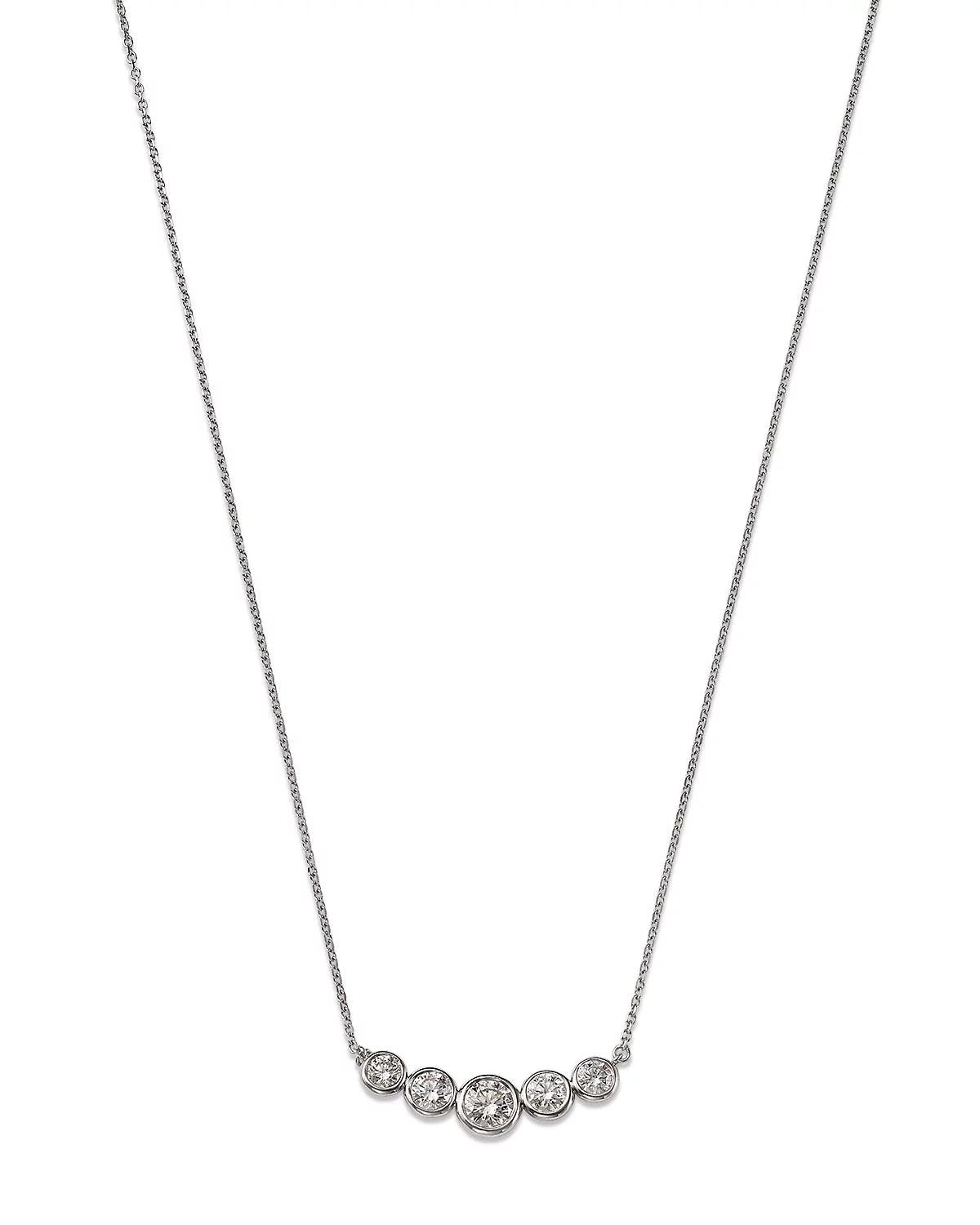 14K gold necklace featuring five bezel-set round diamonds on a delicate chain, crafted for timeless elegance and everyday luxury.