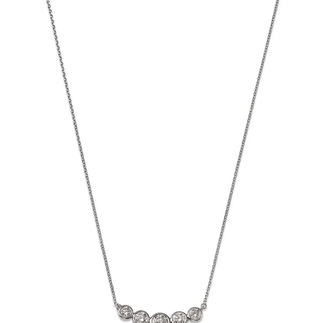 14K gold necklace featuring five bezel-set round diamonds on a delicate chain, crafted for timeless elegance and everyday luxury.