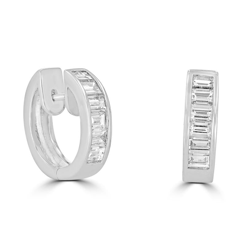 14K gold huggie hoop earrings with channel-set baguette diamonds