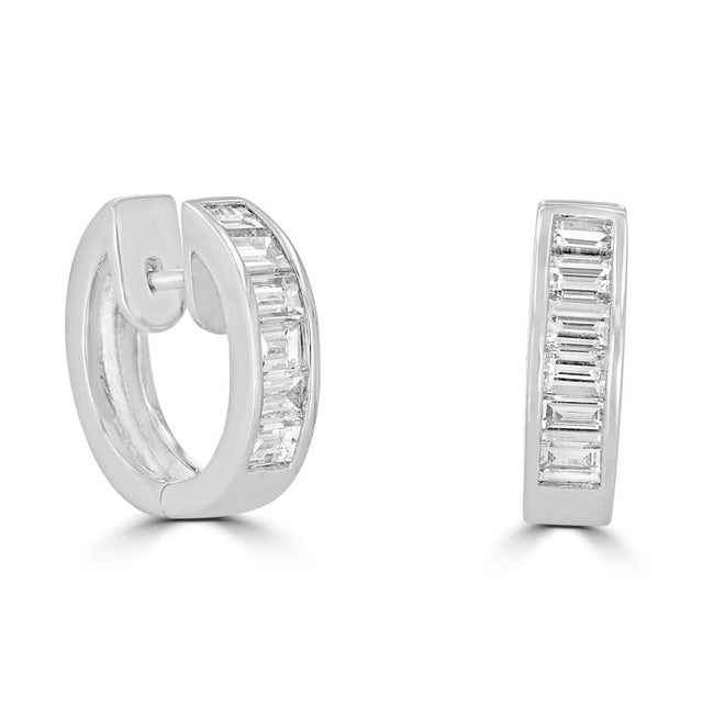 14K gold huggie hoop earrings with channel-set baguette diamonds
