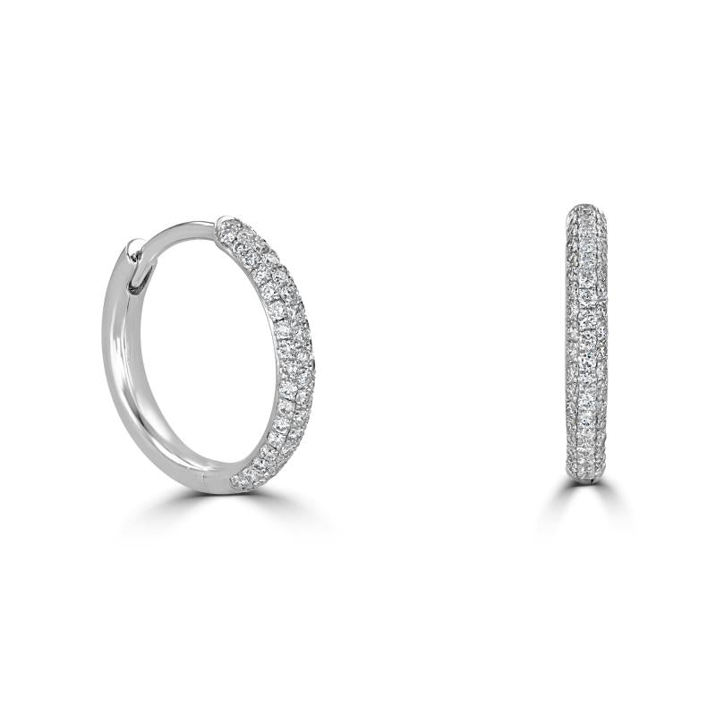 14K gold pavé-set diamond huggie hoop earrings in white gold