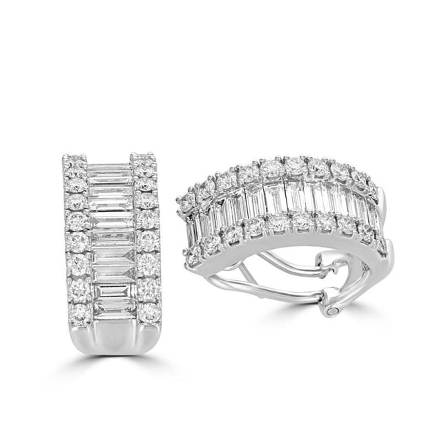 14K white gold hoop earrings with baguette and round diamonds

