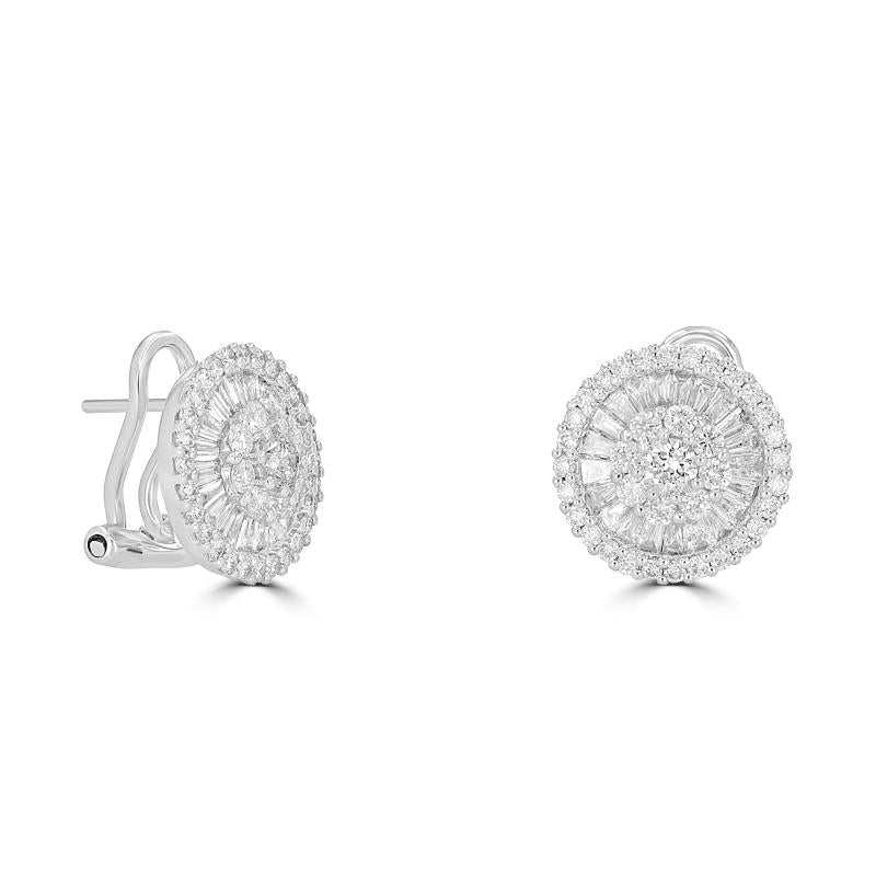 14K gold round cluster diamond earrings with halo baguette and brilliant-cut diamonds