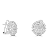 14K gold round cluster diamond earrings with halo baguette and brilliant-cut diamonds