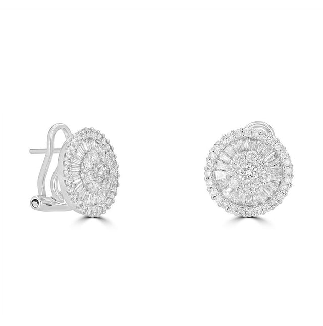 14K gold round cluster diamond earrings with halo baguette and brilliant-cut diamonds