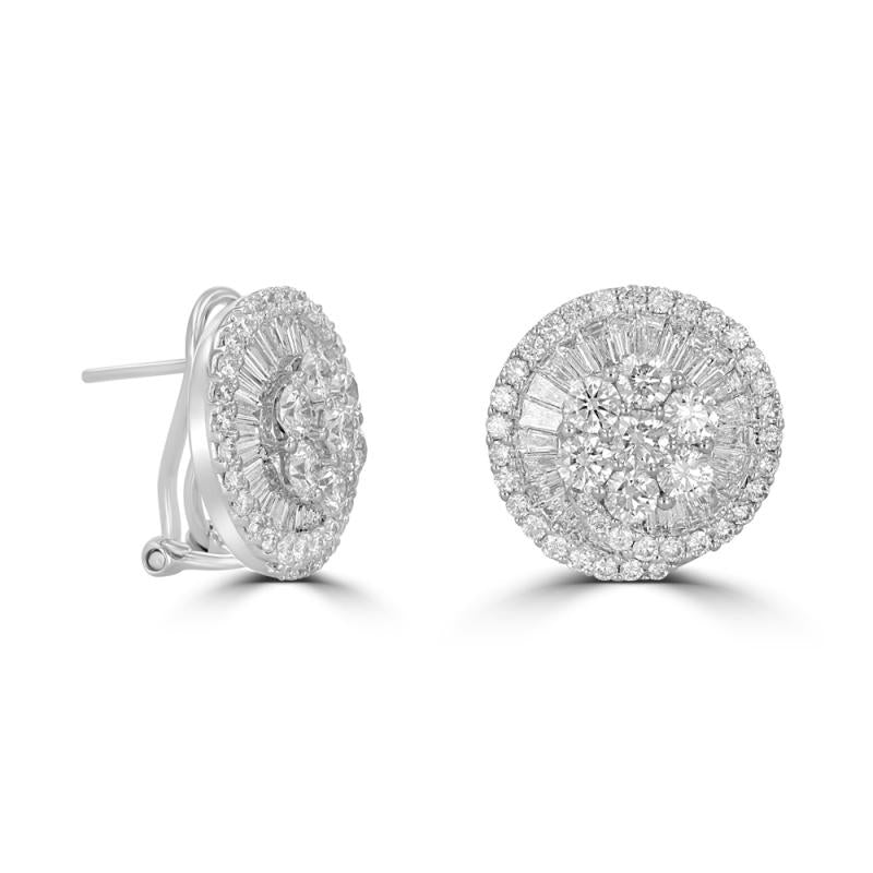 14K white gold halo stud earrings with round and baguette lab-grown diamonds

