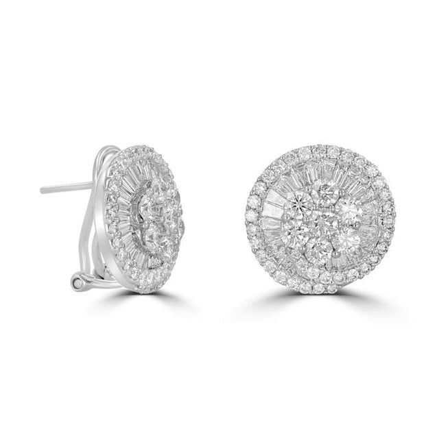 14K white gold halo stud earrings with round and baguette lab-grown diamonds

