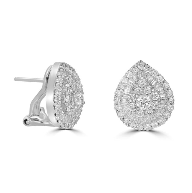 14K gold teardrop earrings with cluster and baguette diamond accents

