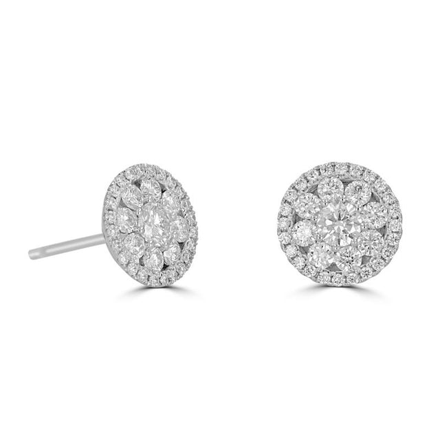 14K gold round floral diamond stud earrings with lab-grown clustered diamonds