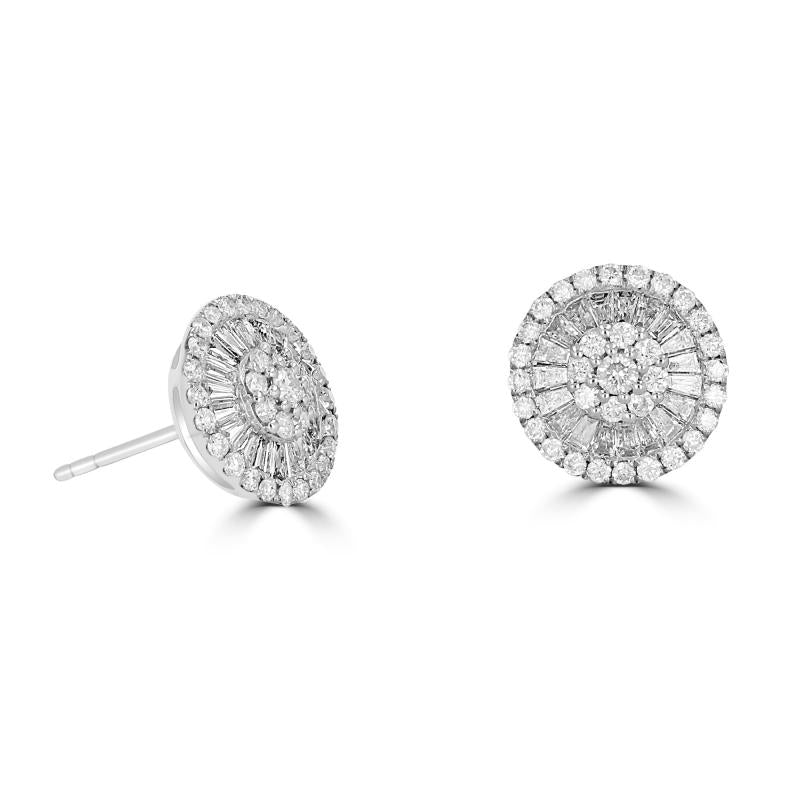 14K white gold halo stud earrings with round and baguette lab-grown diamonds in cluster design