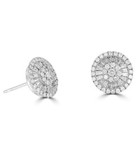 14K white gold halo stud earrings with round and baguette lab-grown diamonds in cluster design