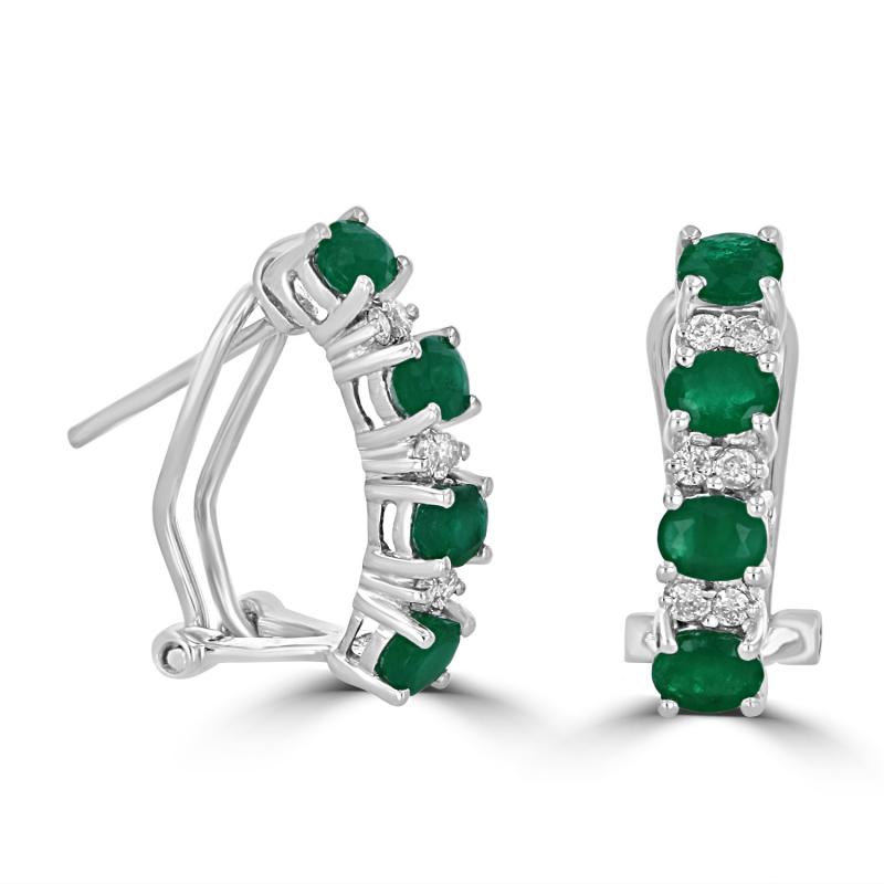 14K White Gold Hoop Earrings with Oval Emeralds and Round Diamonds