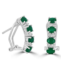 14K White Gold Hoop Earrings with Oval Emeralds and Round Diamonds
