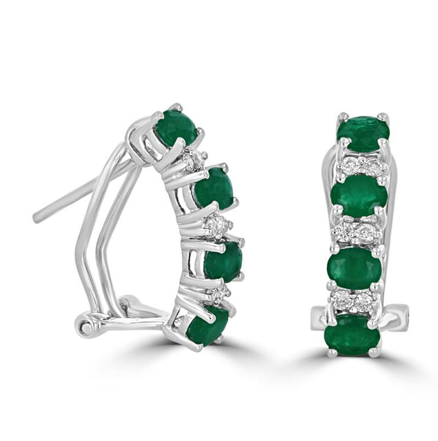 14K White Gold Hoop Earrings with Oval Emeralds and Round Diamonds