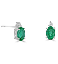 14K gold oval emerald and diamond stud earrings for women