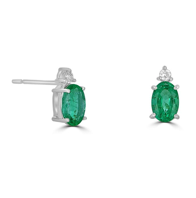 14K gold oval emerald and diamond stud earrings for women