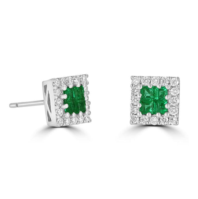 Four-square emerald and diamond halo stud earrings in 14K white gold