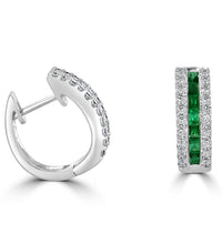 Close-up of 14K white gold huggie earrings featuring square-cut emeralds flanked by pavé-set round diamonds, luxury fine jewelry for women.

