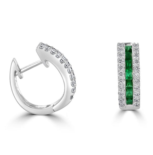 Close-up of 14K white gold huggie earrings featuring square-cut emeralds flanked by pavé-set round diamonds, luxury fine jewelry for women.

