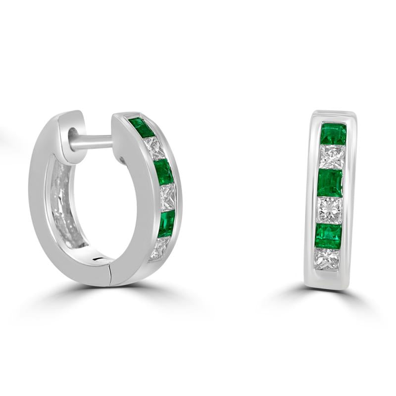 14K white gold hug earrings with square emerald and diamond channel setting