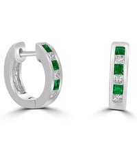 14K white gold hug earrings with square emerald and diamond channel setting