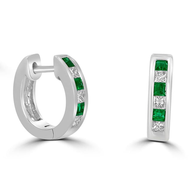 14K white gold hug earrings with square emerald and diamond channel setting