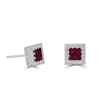 14K White Gold Princess-Cut Ruby Halo Stud Earrings with Diamond Accents

