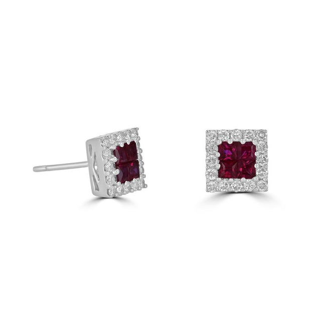 14K White Gold Princess-Cut Ruby Halo Stud Earrings with Diamond Accents

