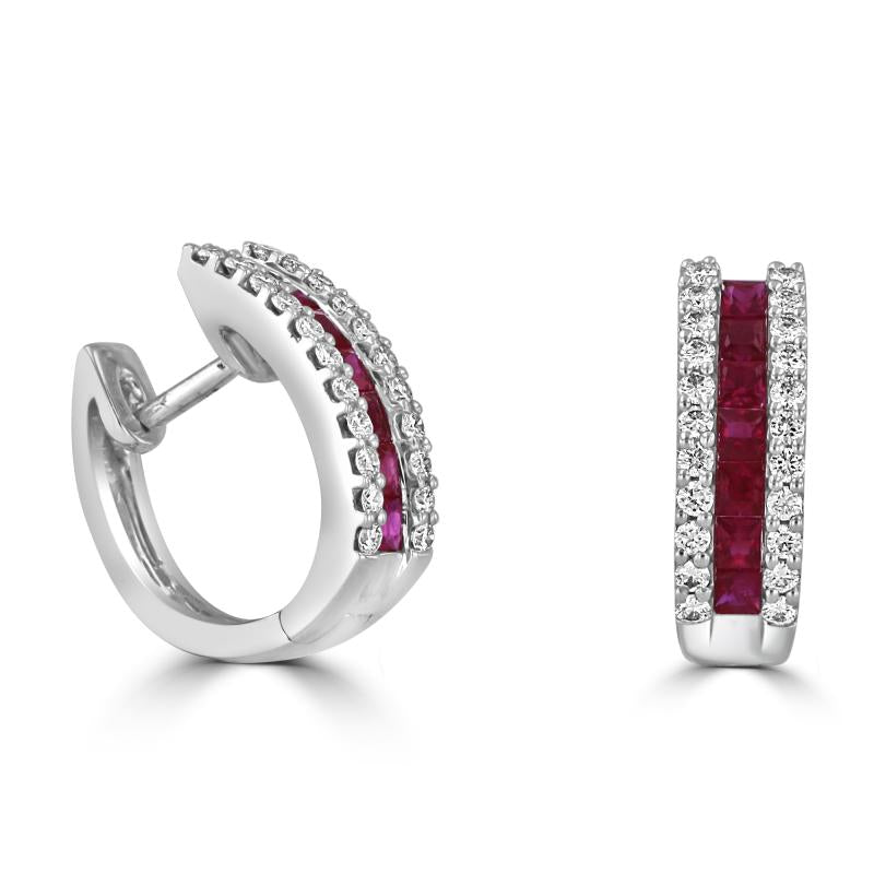 14K white gold hoop earrings featuring square-cut rubies and round diamond accents in a double-row hug style design