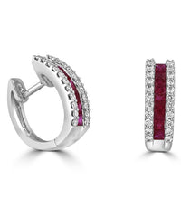 14K white gold hoop earrings featuring square-cut rubies and round diamond accents in a double-row hug style design