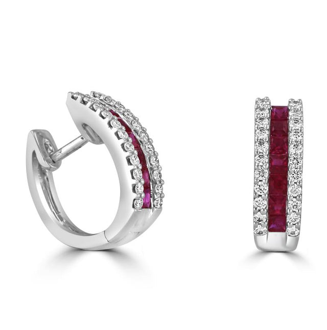 14K white gold hoop earrings featuring square-cut rubies and round diamond accents in a double-row hug style design