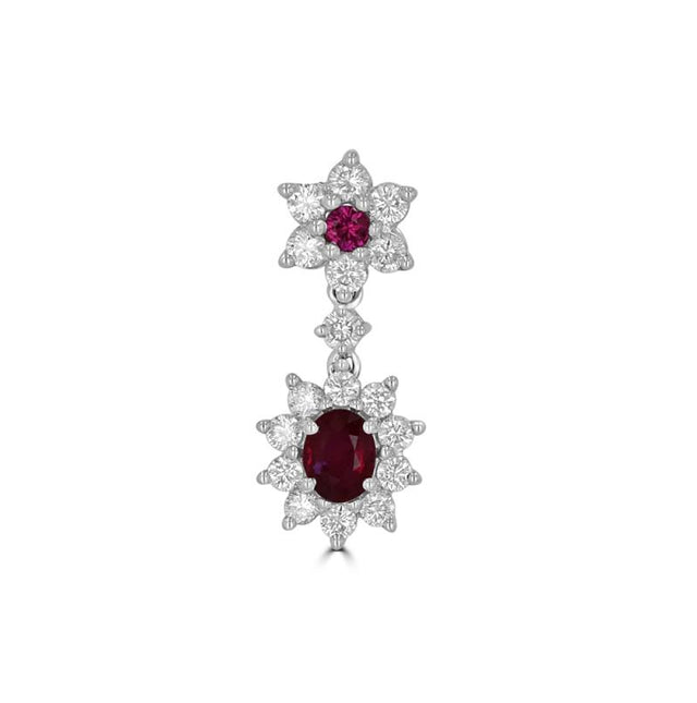 14K gold drop earrings with round and oval rubies surrounded by round diamonds in a starburst floral setting
