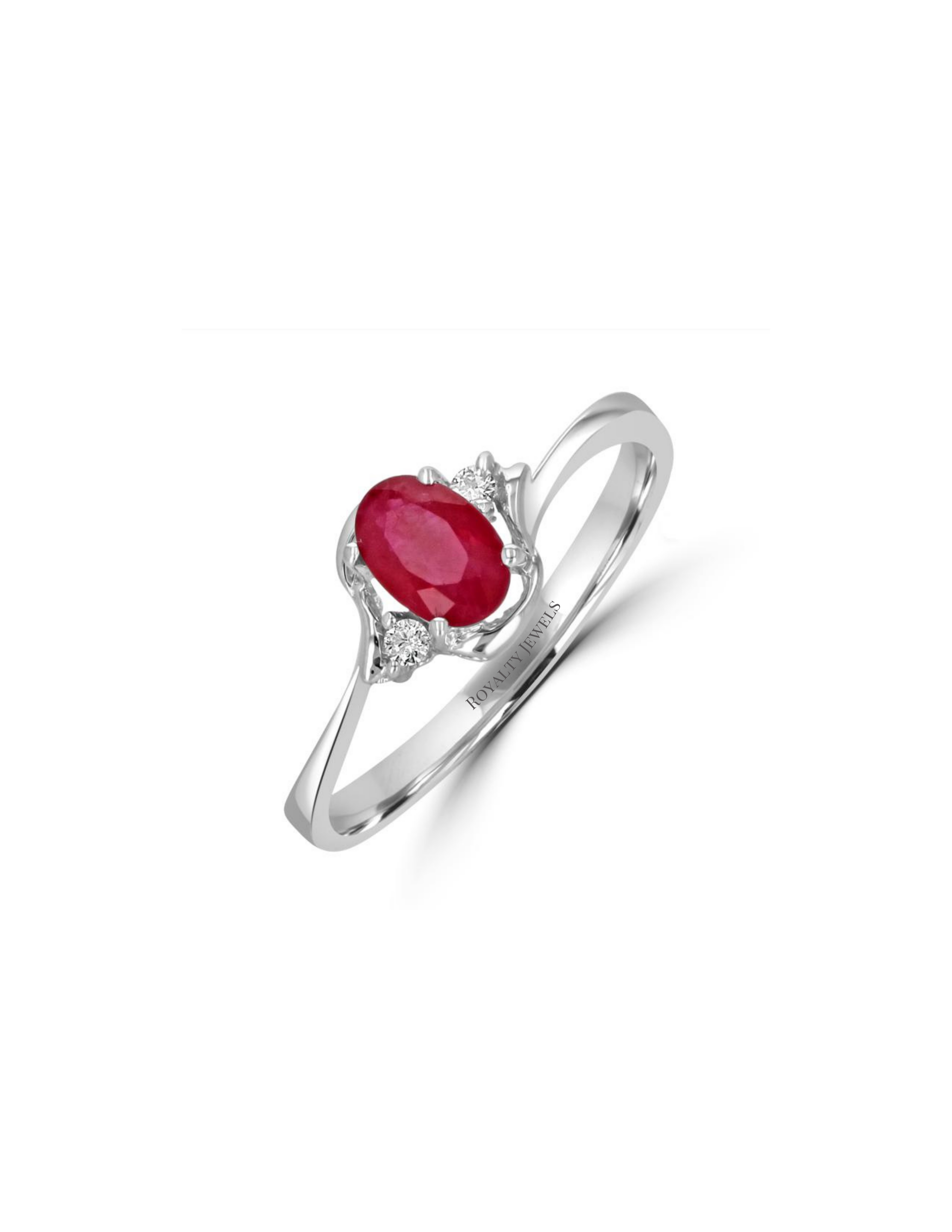 14K white gold ring featuring a oval ruby and two round diamonds on each side, delicate fine jewelry design

