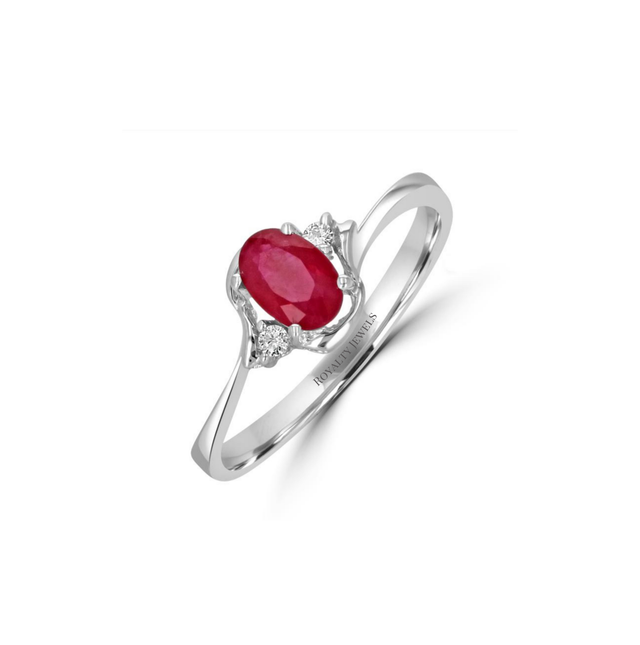 14K white gold ring featuring a oval ruby and two round diamonds on each side, delicate fine jewelry design

