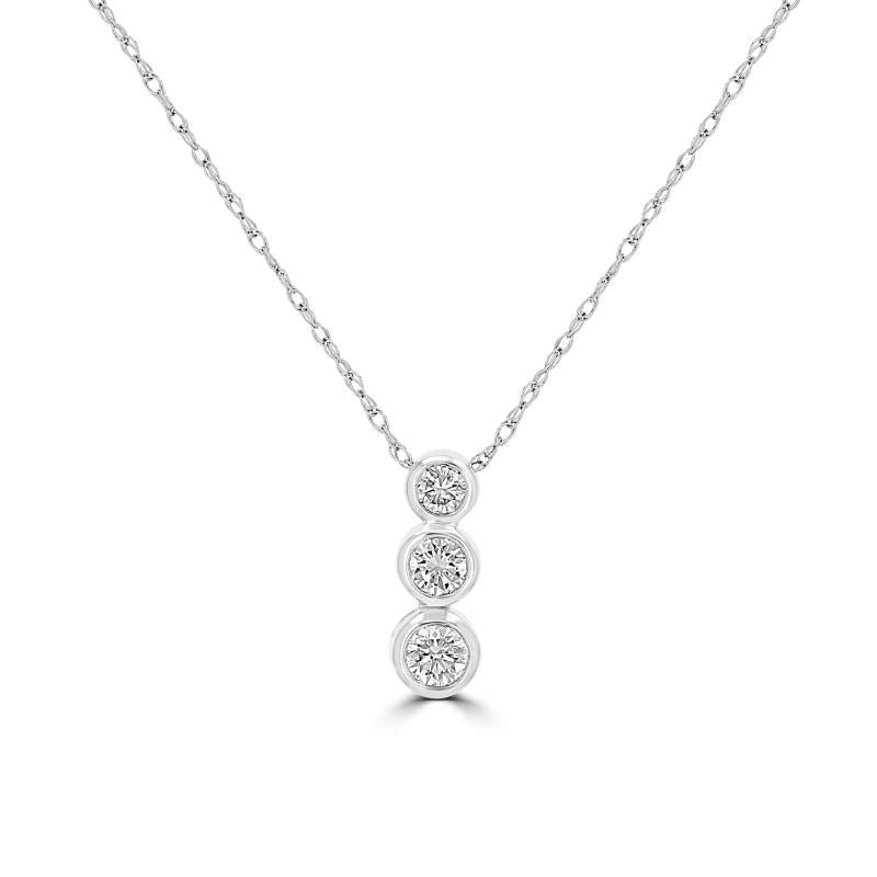 14K gold pendant necklace with three bezel-set round diamonds