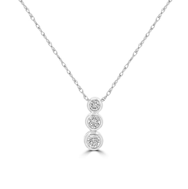 14K gold pendant necklace with three bezel-set round diamonds