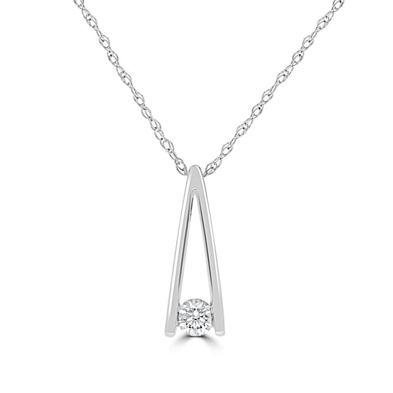 Modern 14K gold V-shaped pendant with a single bezel-set diamond