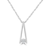 Modern 14K gold V-shaped pendant with a single bezel-set diamond
