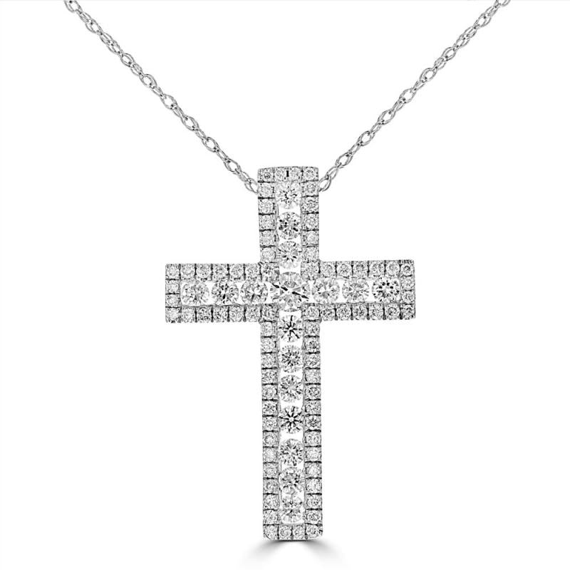 14K gold diamond cross pendant with double pavé rows of lab-grown diamonds