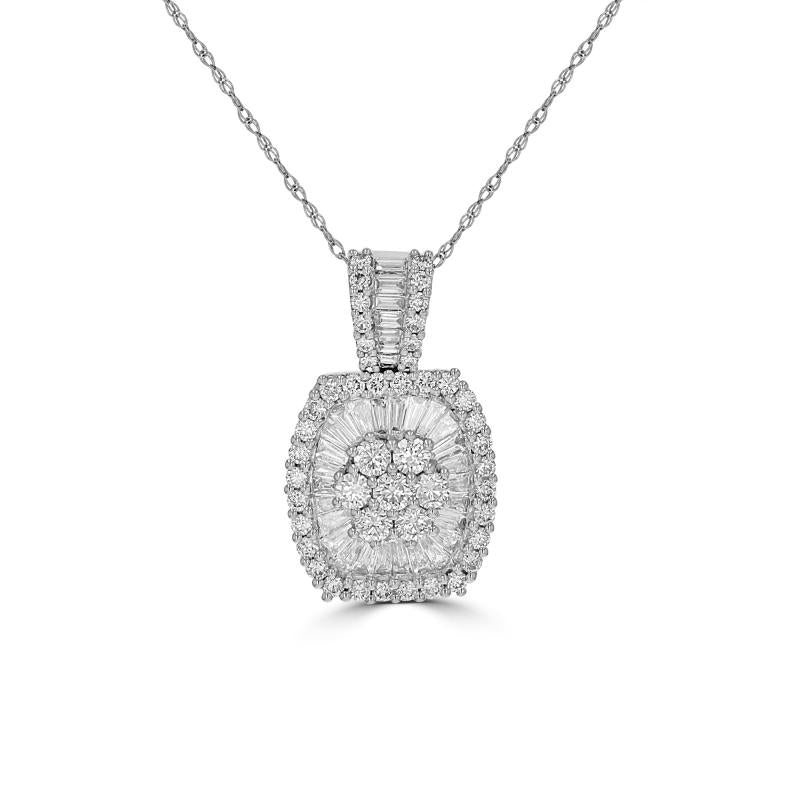 Elegant 14K gold pendant necklace with baguette and round lab-grown diamonds in a halo setting