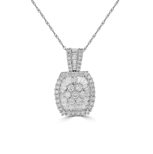 Elegant 14K gold pendant necklace with baguette and round lab-grown diamonds in a halo setting
