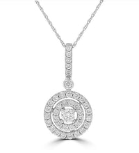 14K gold double halo diamond pendant with pavé-set lab-grown diamonds in a circular drop design