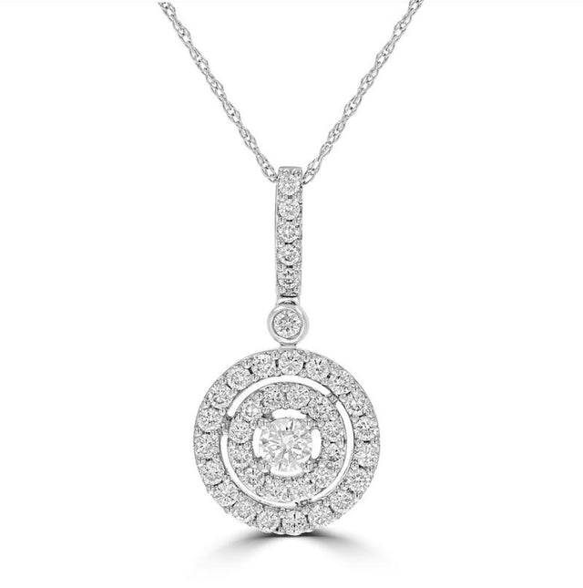 14K gold double halo diamond pendant with pavé-set lab-grown diamonds in a circular drop design