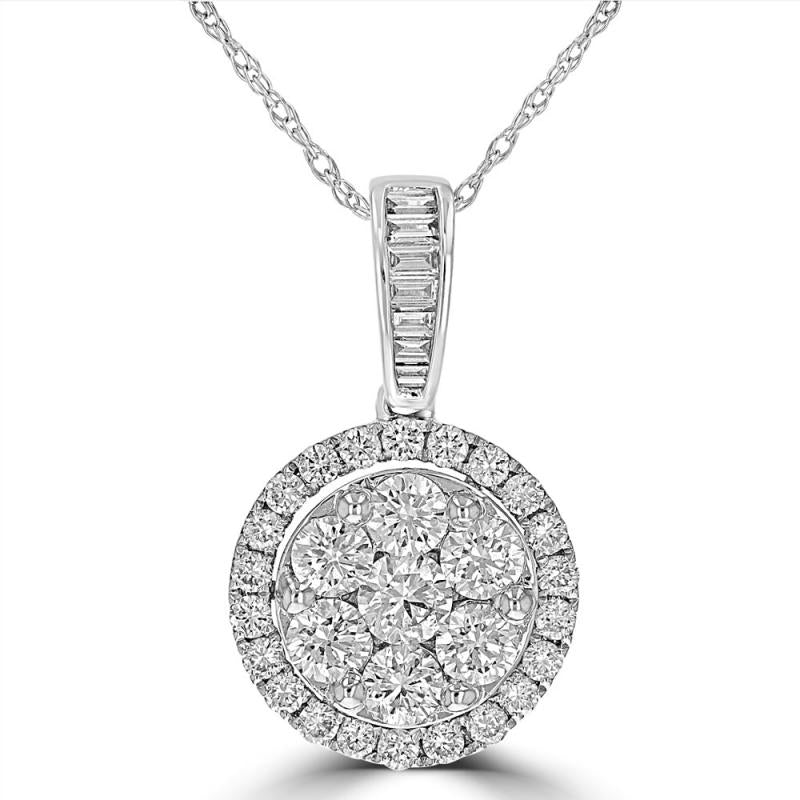 14K white gold round cluster diamond pendant necklace with halo and baguette bail