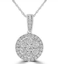 14K white gold round cluster diamond pendant necklace with halo and baguette bail