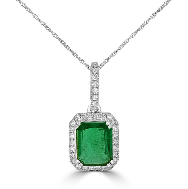 14K gold emerald-cut emerald pendant with diamond halo setting, luxury fine jewelry for women

