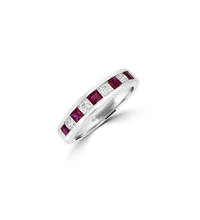 Square ruby and round diamond channel-set band ring in 14K white gold